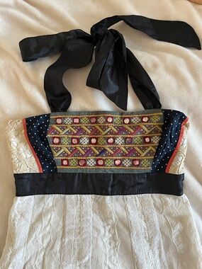 Anthropologie Zehavale Embroidered Halter Dress with Black Ribbon Tie